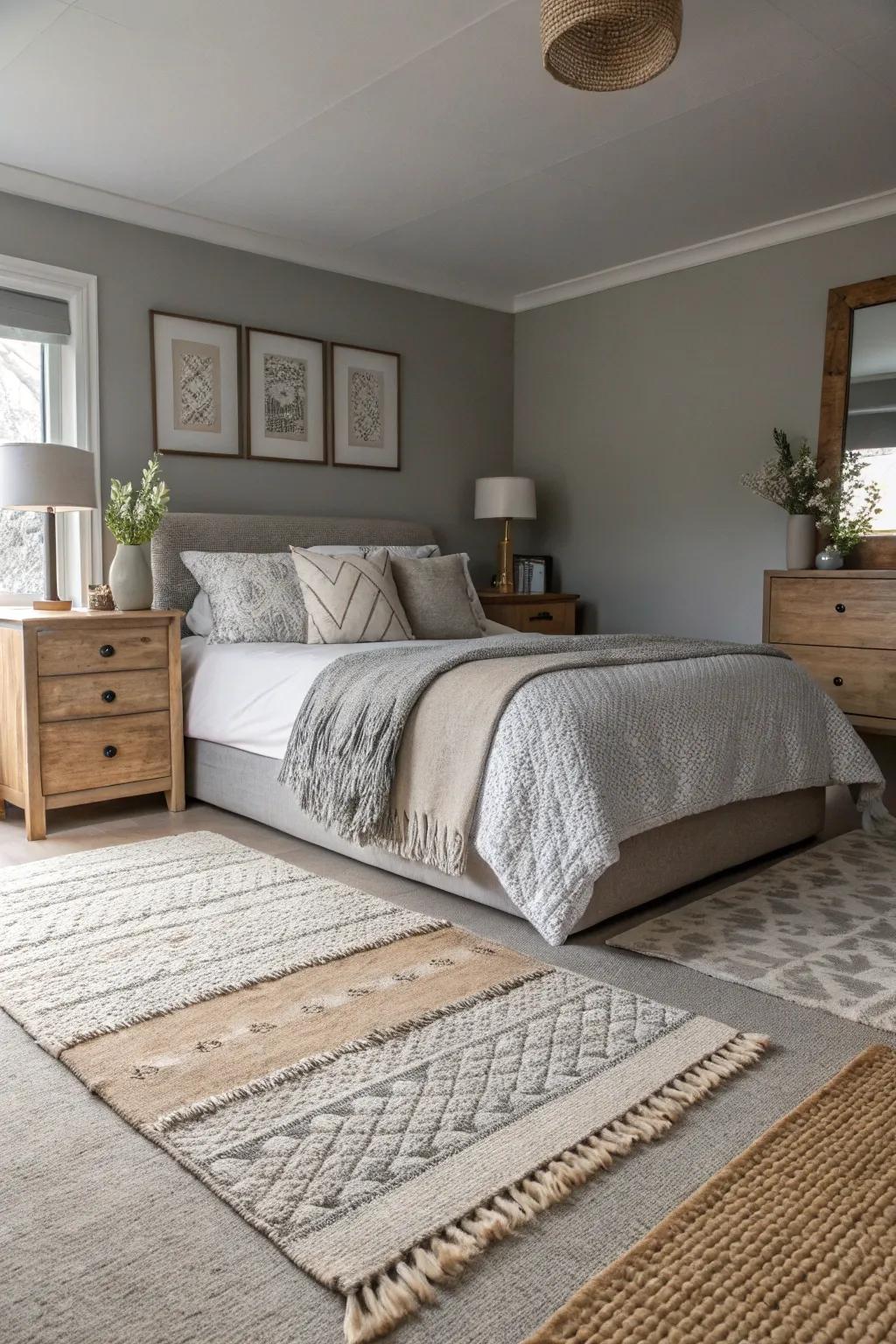 Warmth and texture are brought to the grey bedroom by layered rugs.