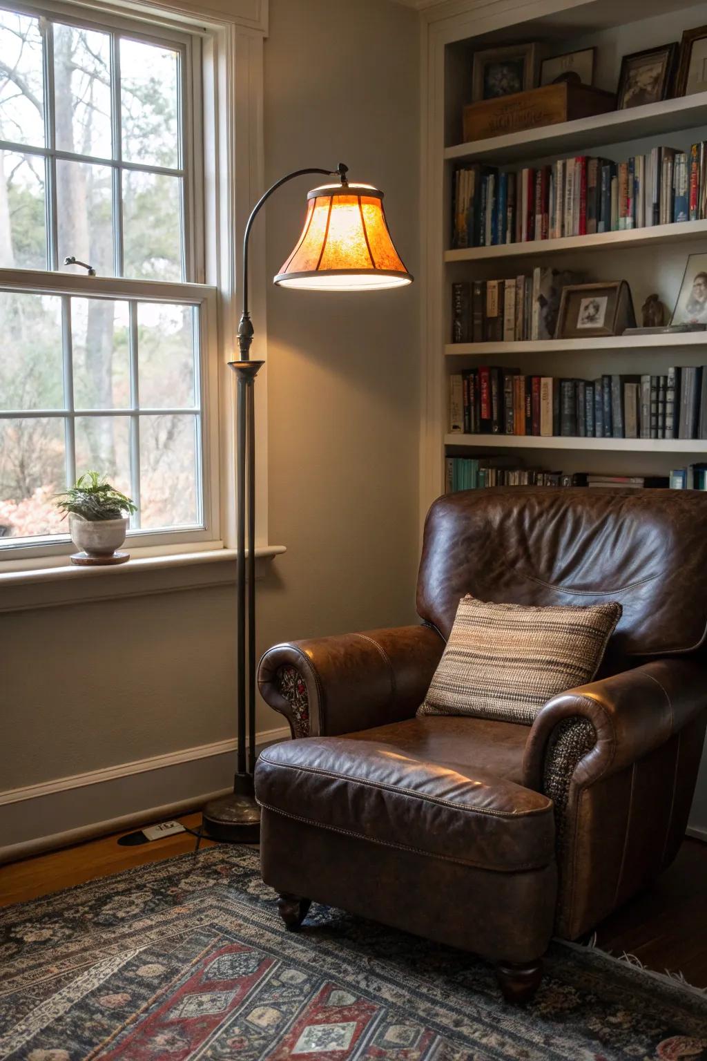 A cozy reading corner provides a personal escape.