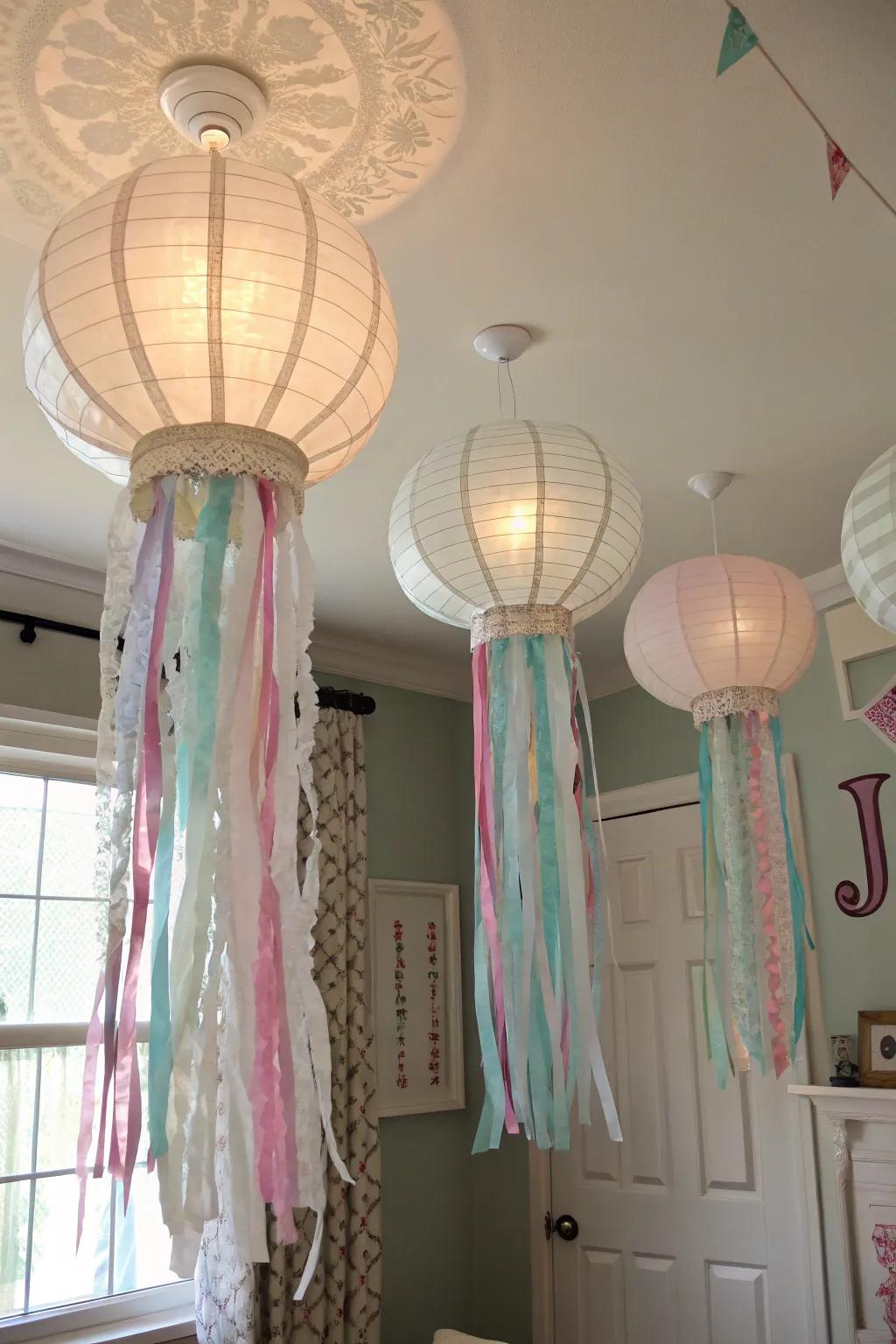 Jellyfish lanterns inject a playful element to the ceiling.