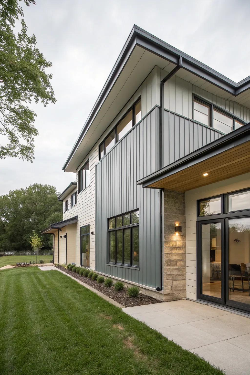 A modern dwelling employing accentuated metal cladding to spotlight its distinctive architectural characteristics.