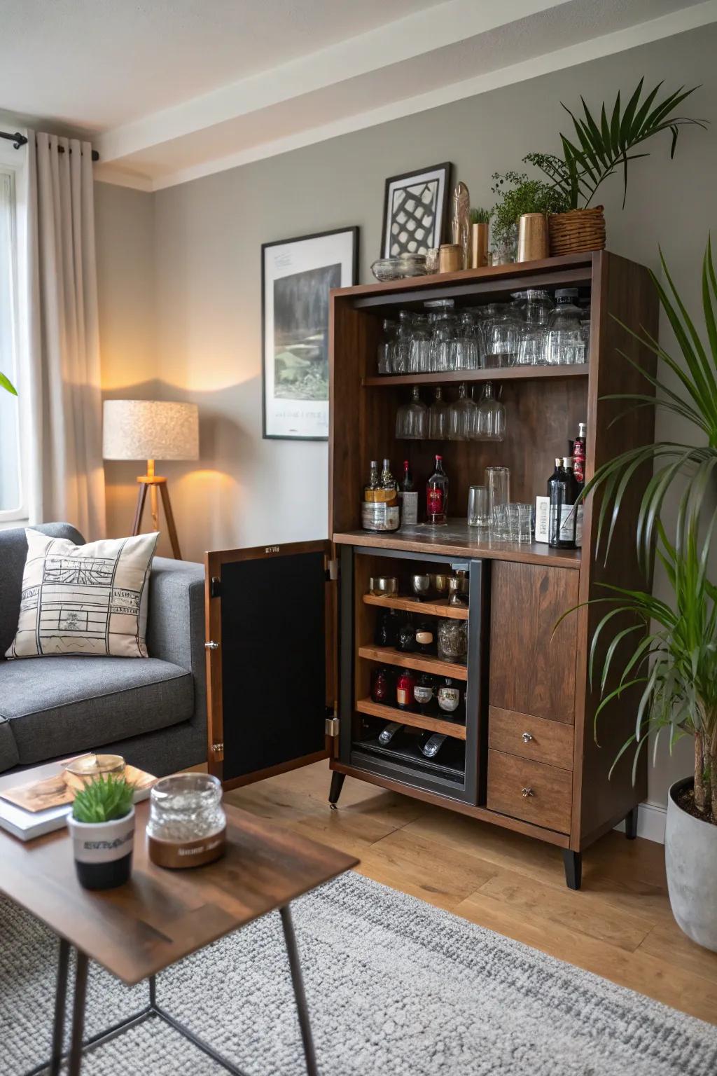 A small bar hutch effectively organizes essentials in limited spaces.