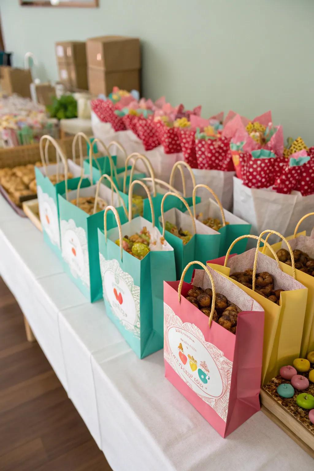 Dainty treat sacks offer a delightful send-off for attendees.