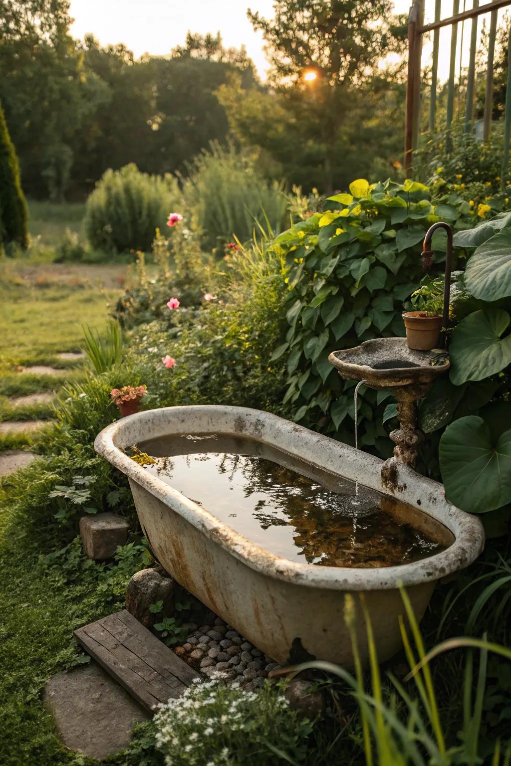 A vintage basin turned into an eco-friendly mini pond.