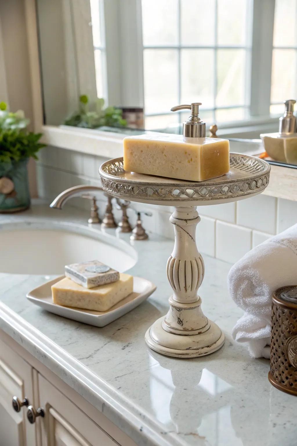 A platform lends elevation and intrigue to the bathroom countertop.