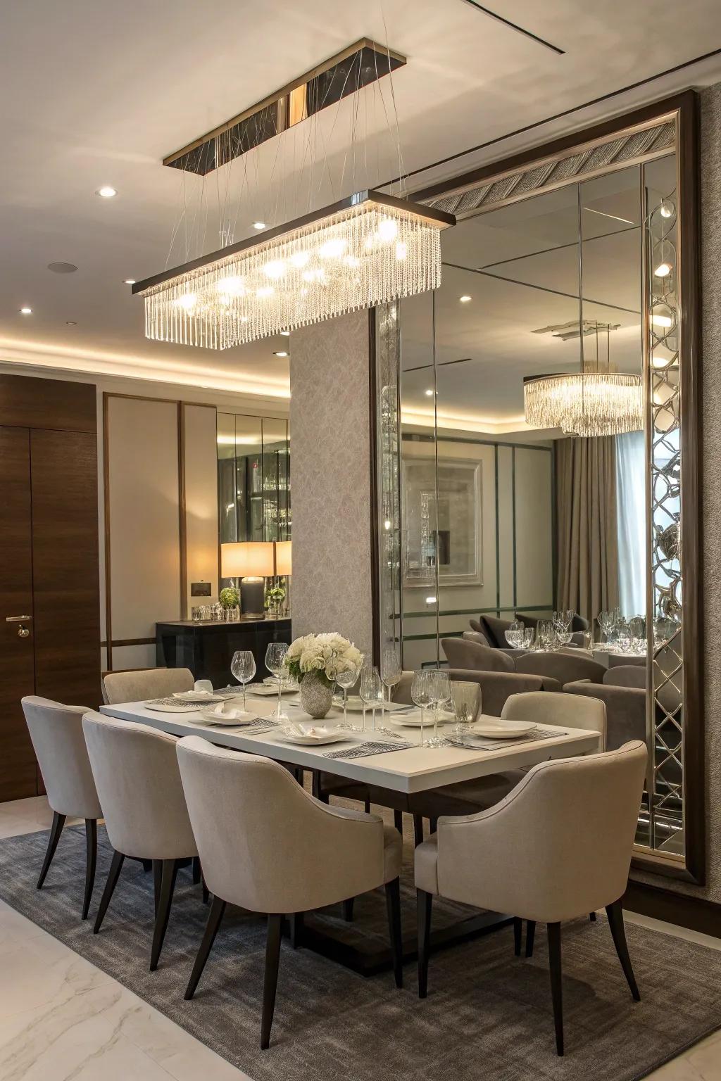 A levitating glass frame mirror contributes elegance to a modern dining space.