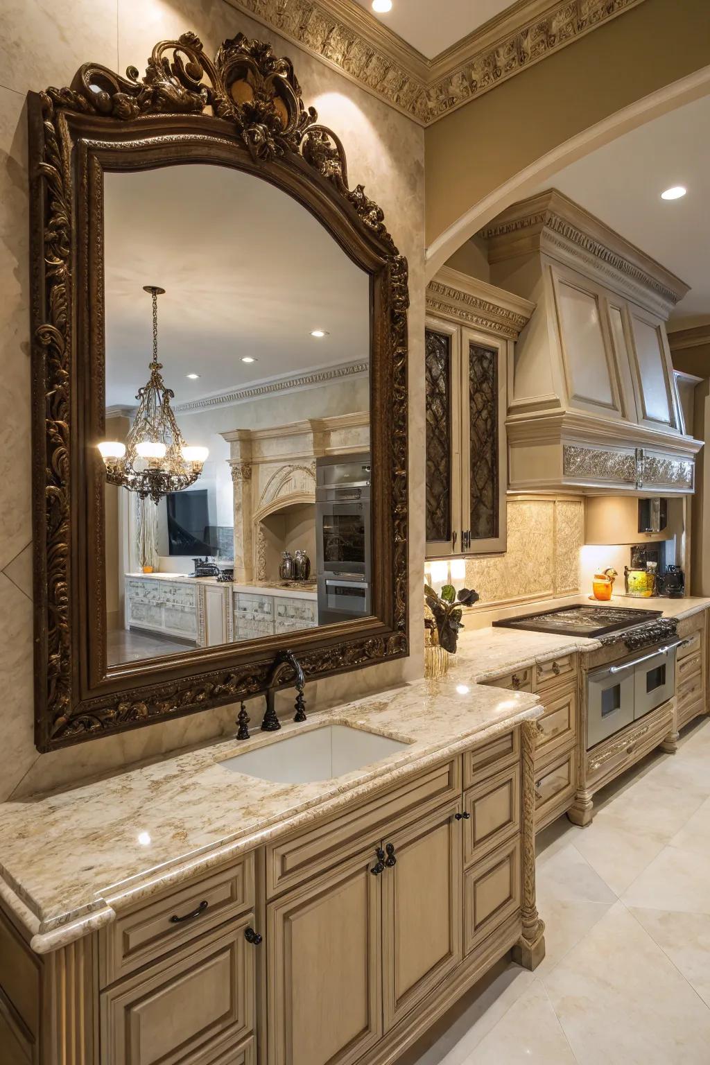 An ornate mirror adding a luxurious touch to a kitchen setting.