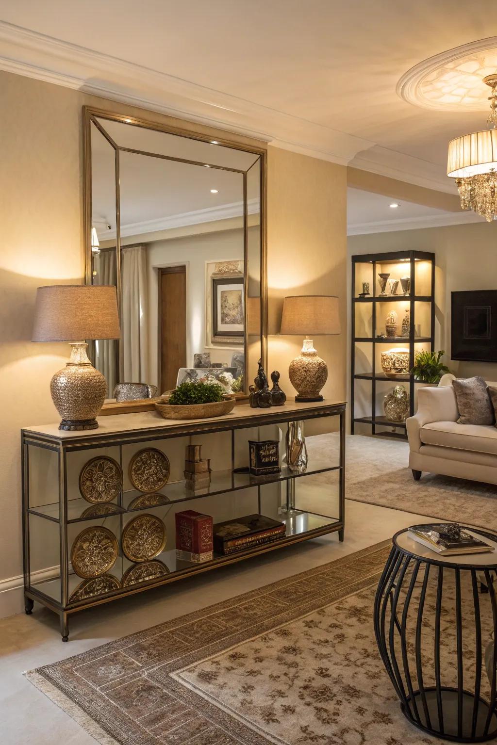 A mirrored shelf that serves as a remarkable focal feature within the living space.