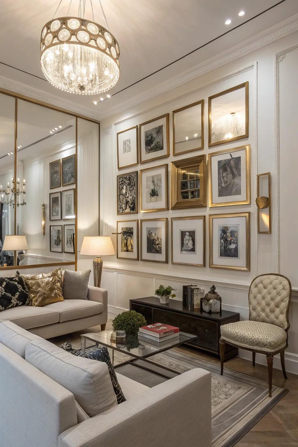 Mirrors enhance the gallery wall by adding both light and space.