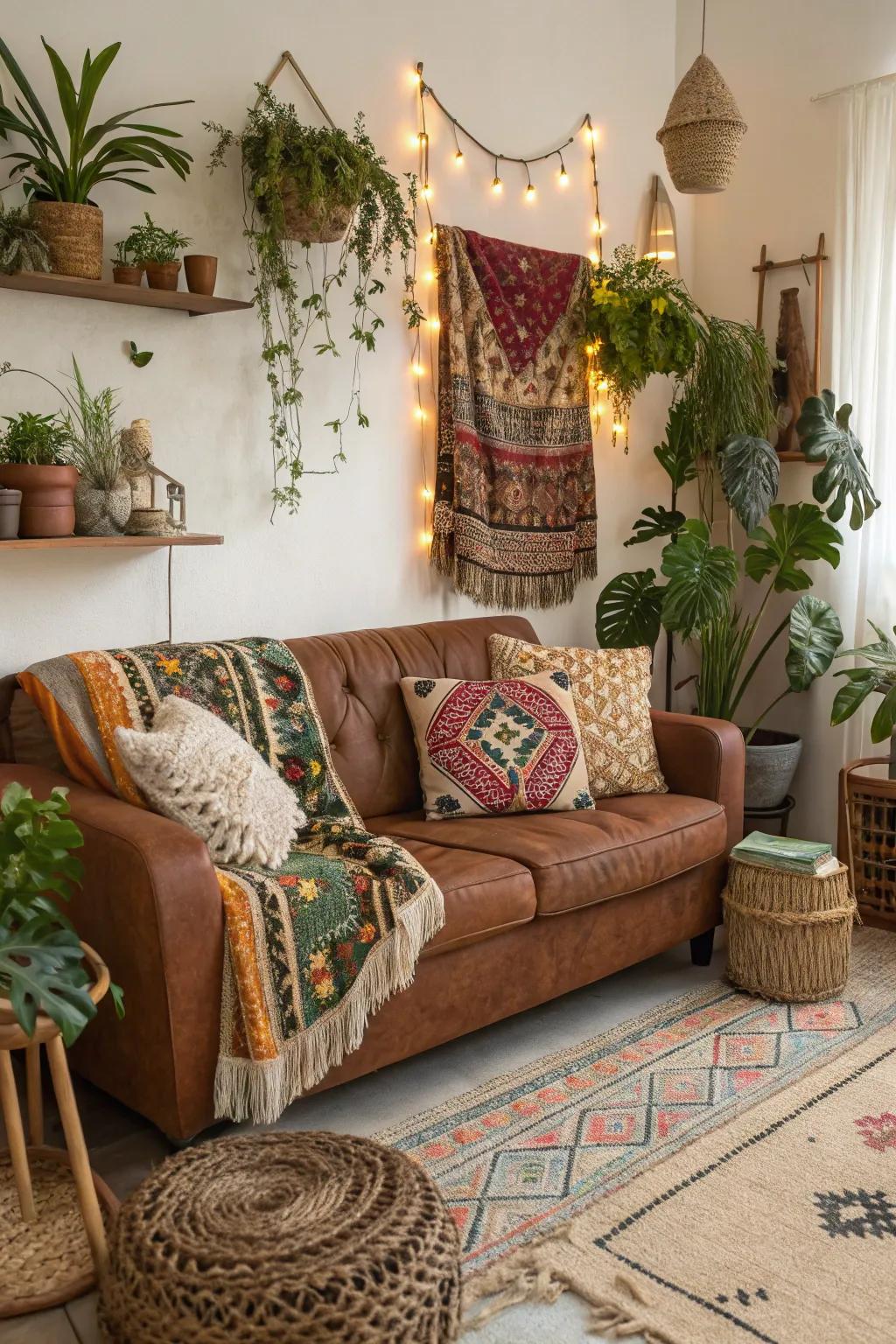 Bohemian elements establish a relaxed and energetic area near the cocoa sofa.