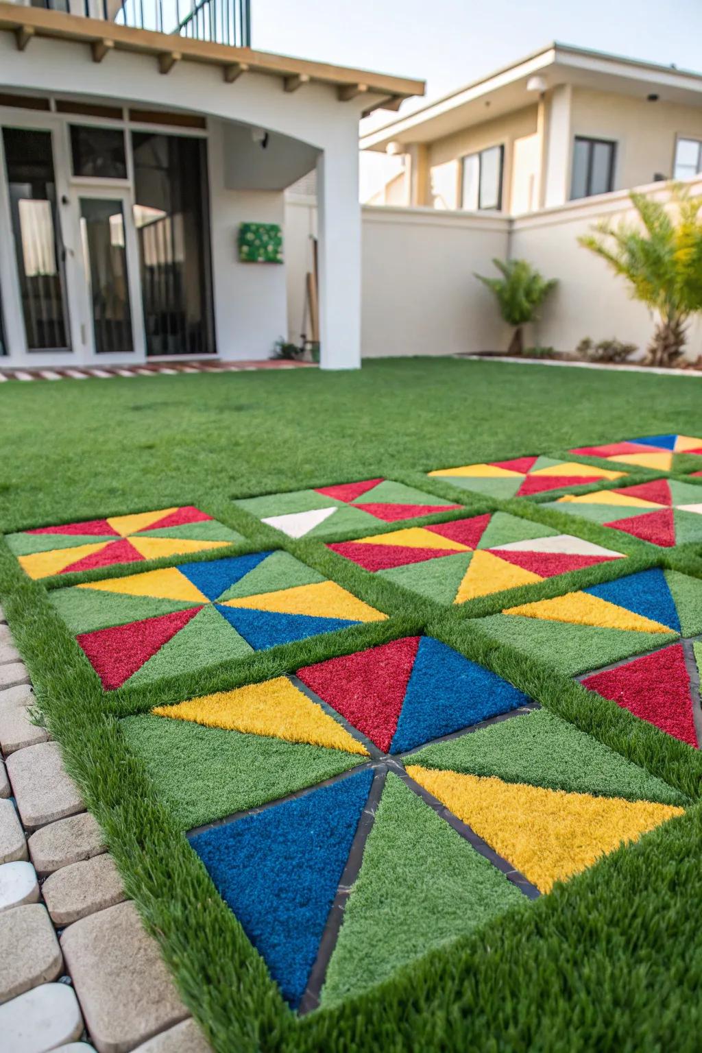 Geometric designs introduce an artistic essence to the artificial lawn layout.