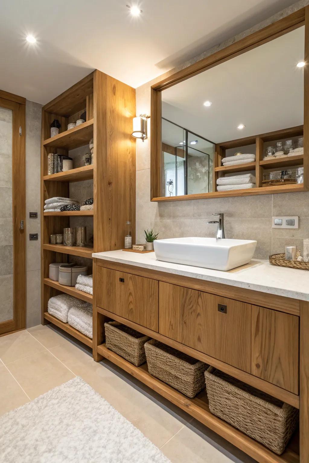 Wood aspects add warmth to this contemporary bathroom.