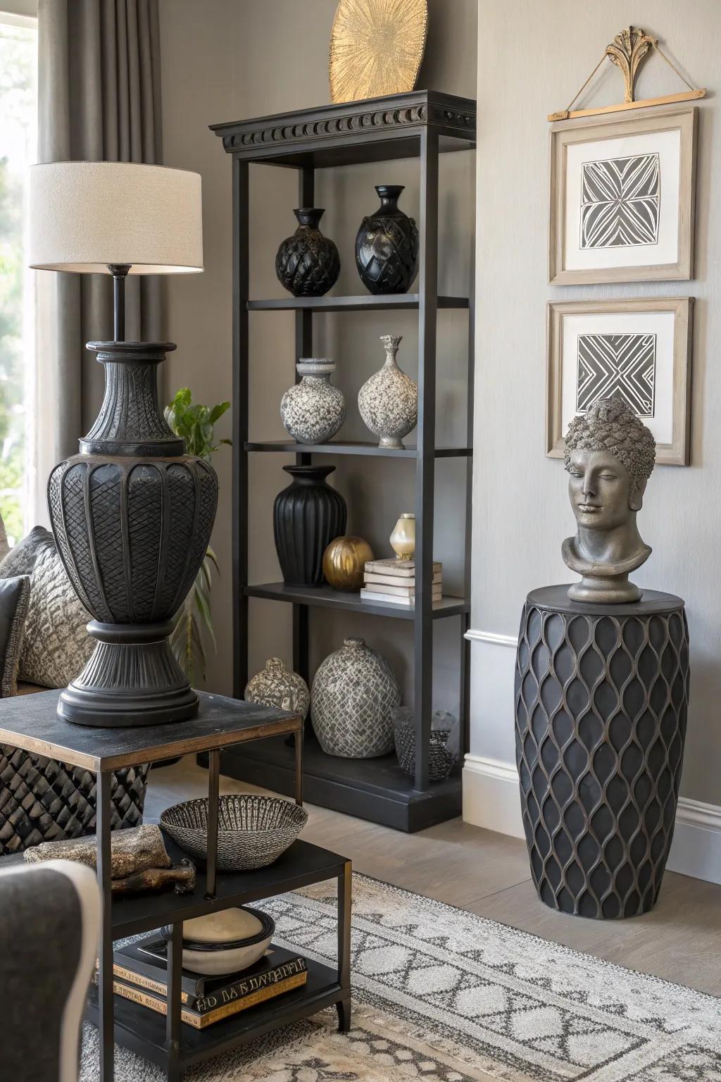Ornamental accessories in dark and gray enhance the room's cohesive look.
