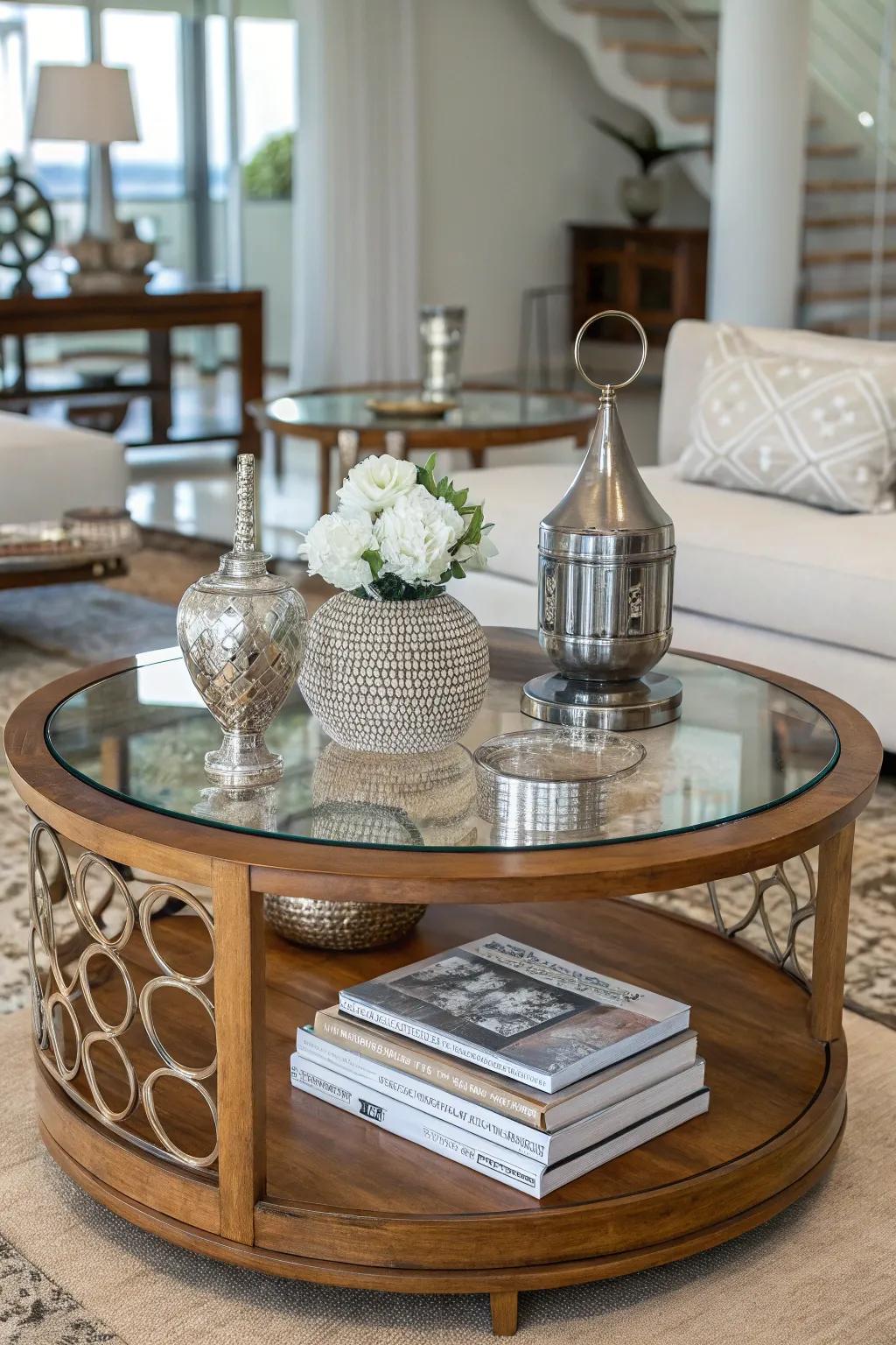 The integration of diverse elements imparts a contemporary flair to your coffee table.