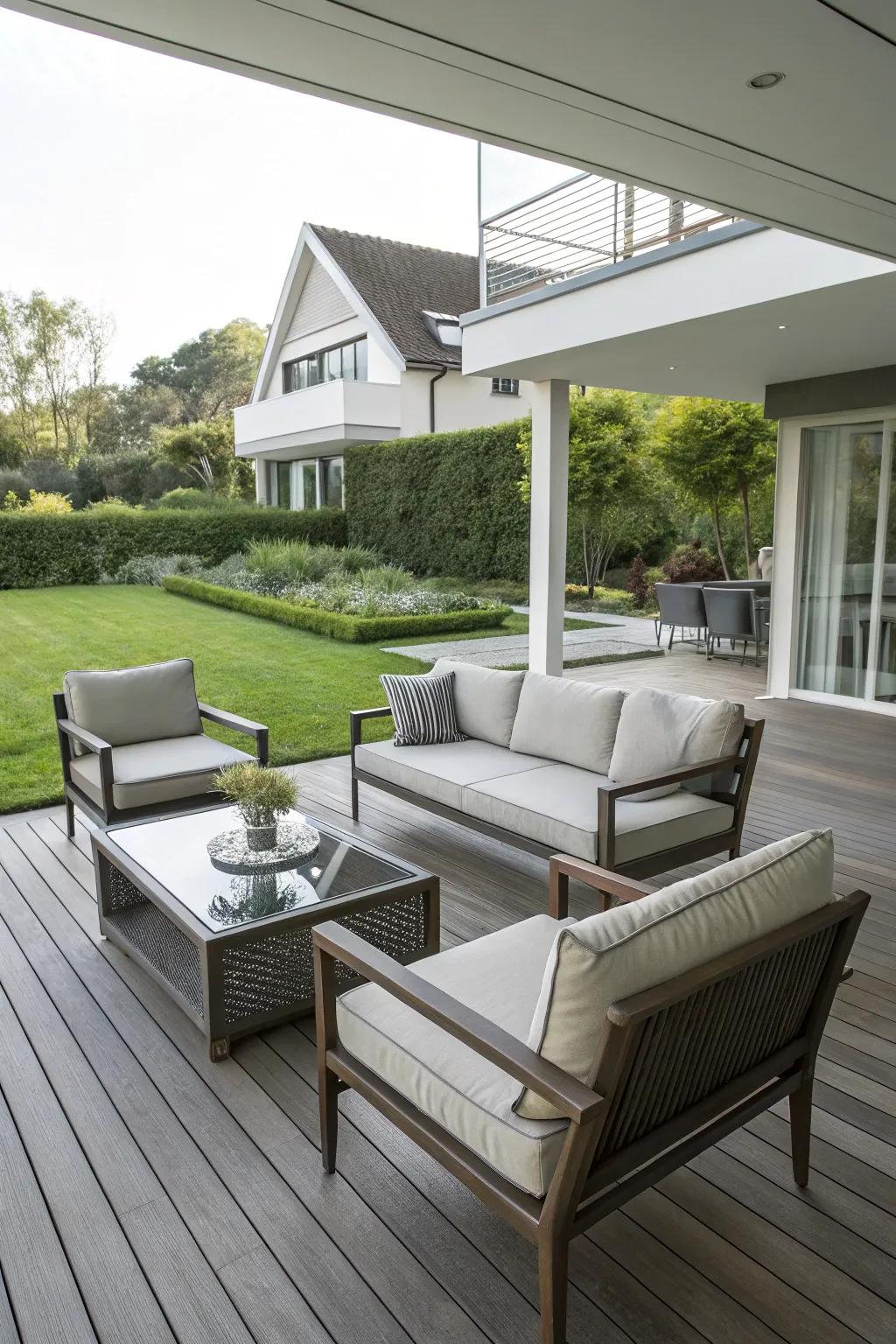 A deck furnished with modern furniture for a stylish impression.