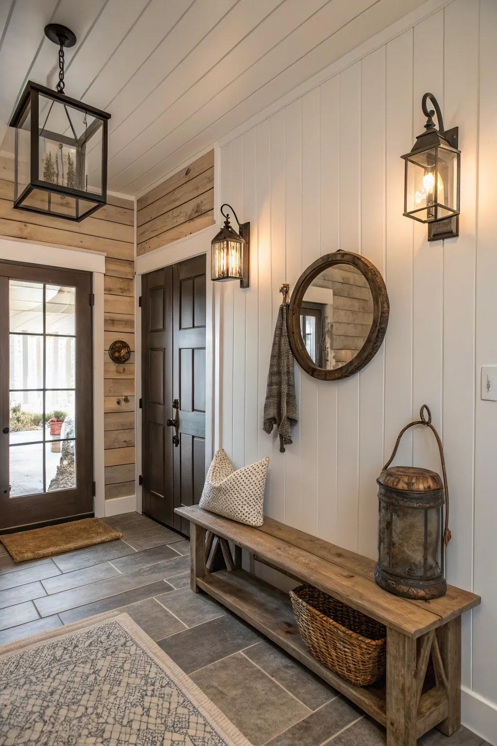 Overlapping boards walls elevate the country charm of the entryway.
