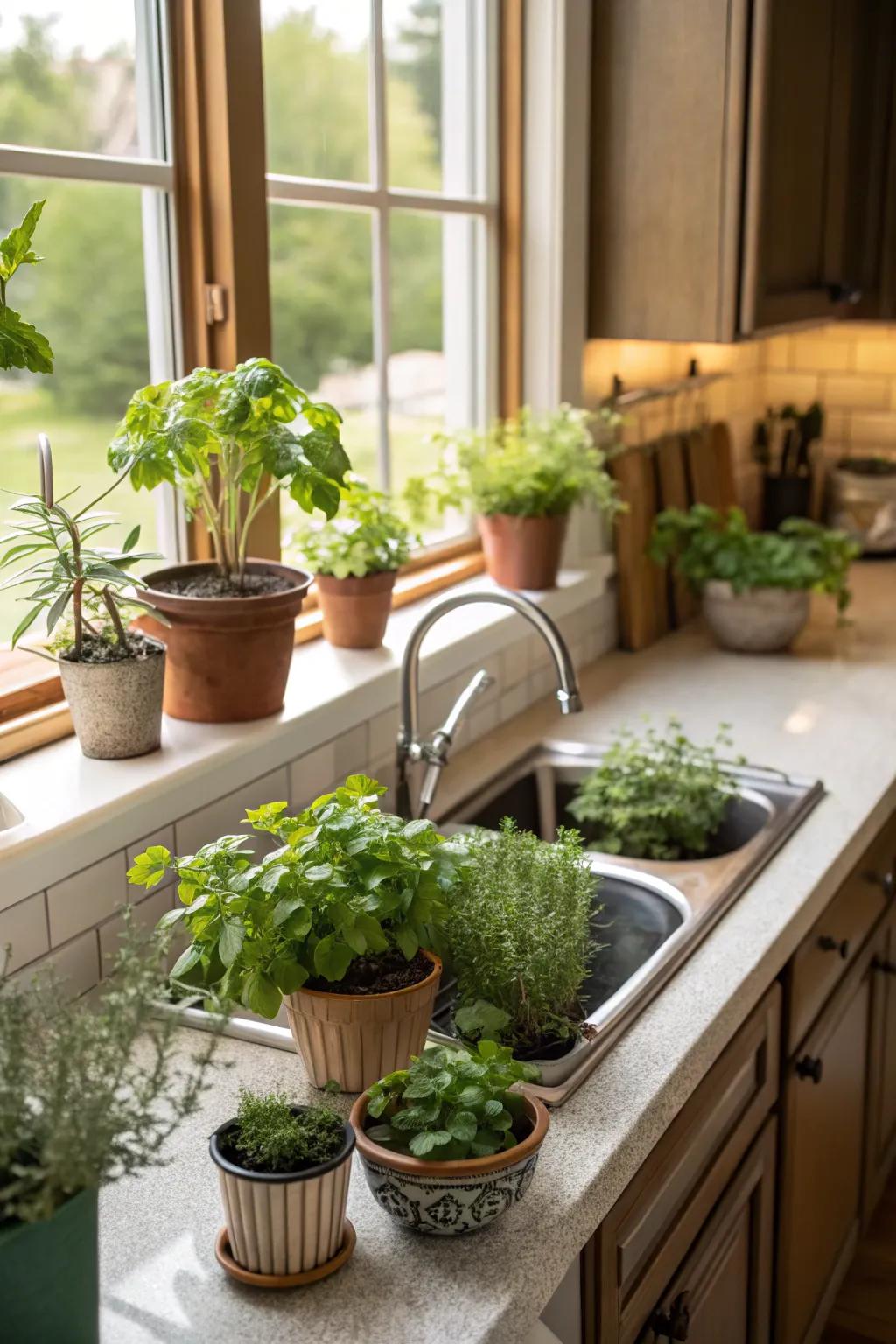 Plant life infuses freshness and vitality into this contemporary farmhouse kitchen.