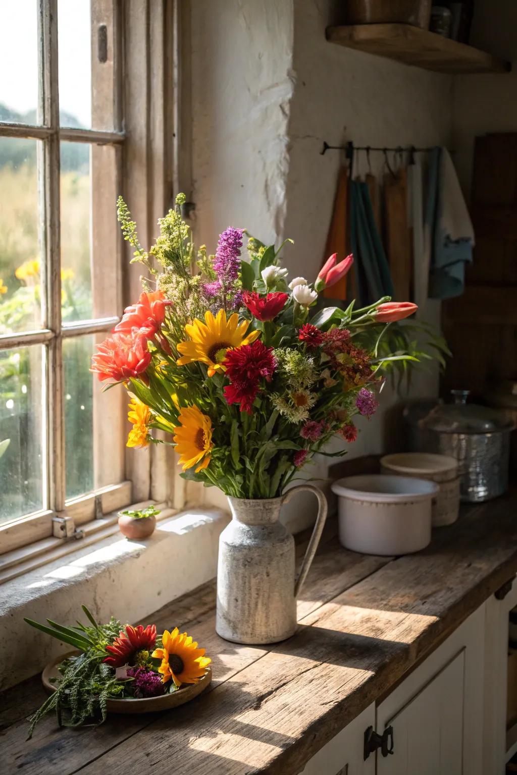 An environmentally aware flower arrangement with regional and in-season blooms.