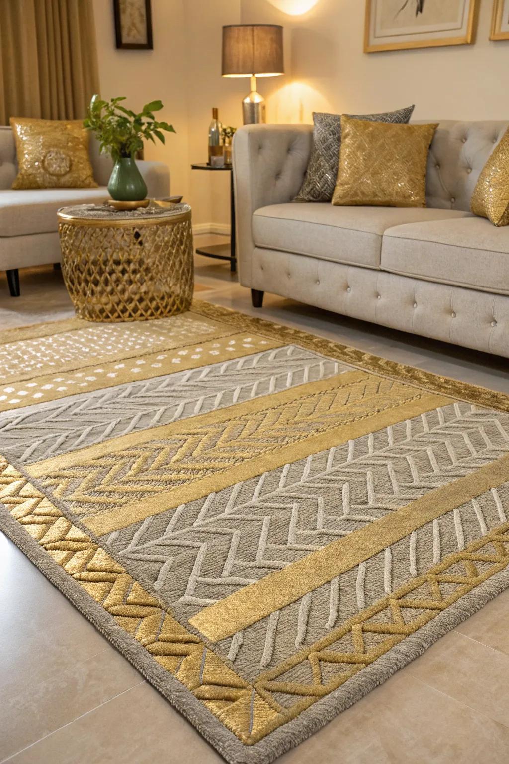 A metallic woven rug adds texture and elegance to the space.