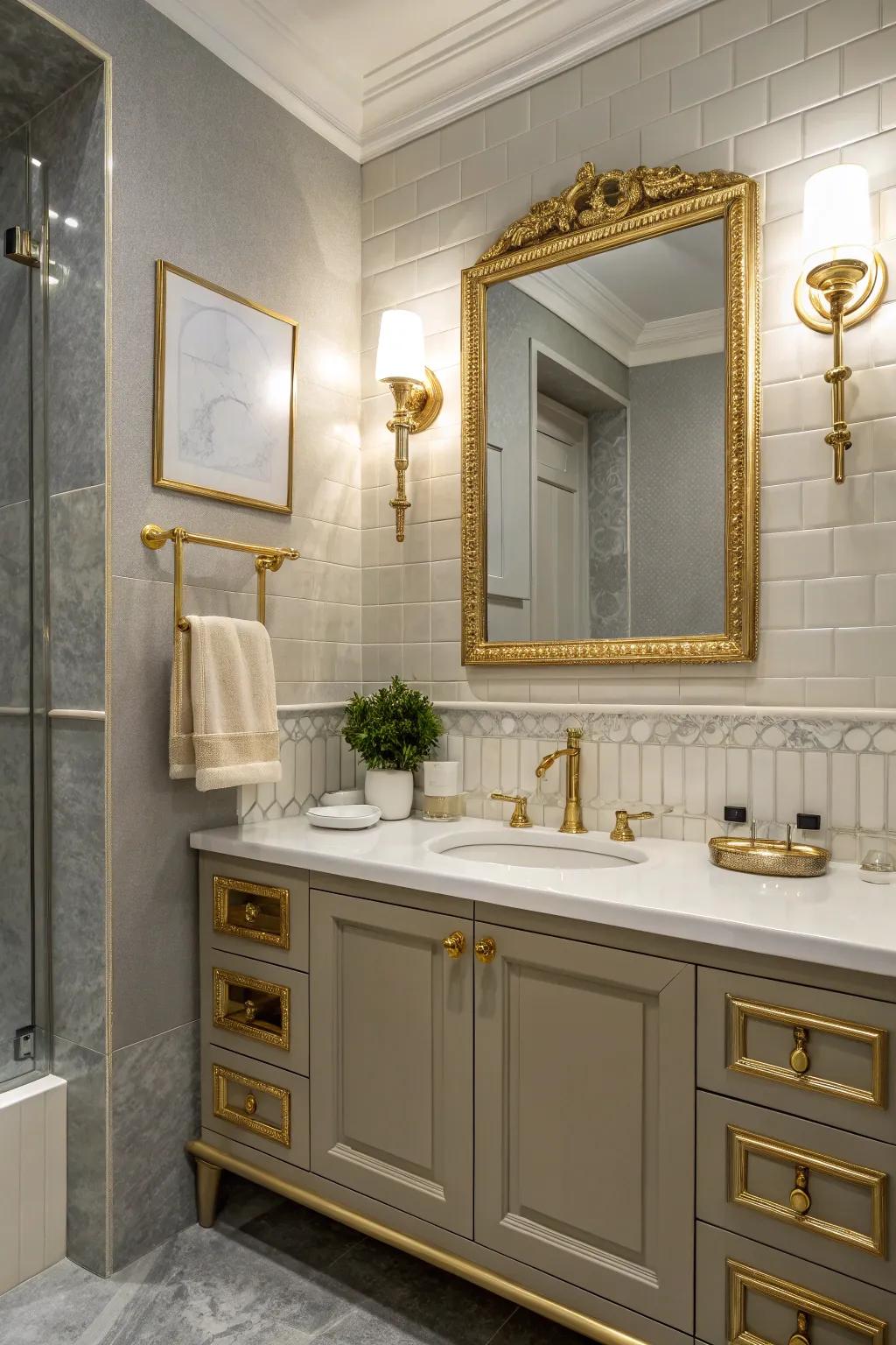 Metal accents provide a rich contrast, enhancing the bathroom's design.