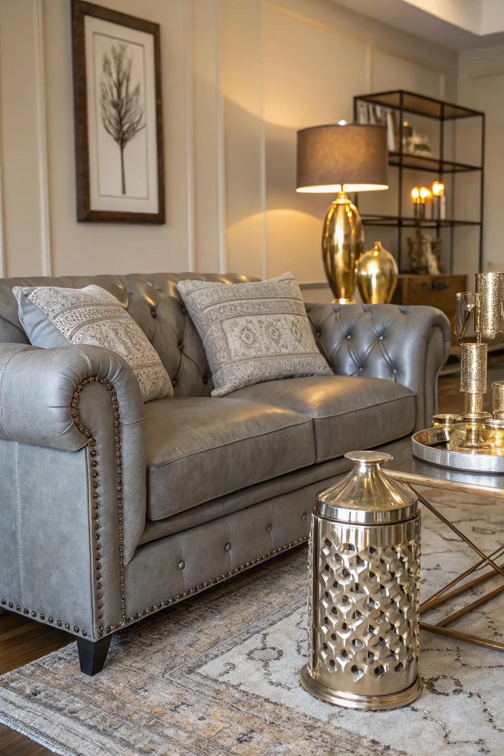 Metallic accents affixing a hint of glamour to a contemporary lounge.