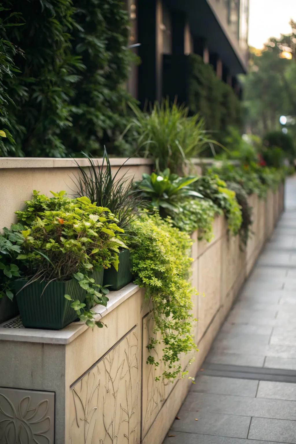 A half wall decorated with plant containers brings nature indoors.
