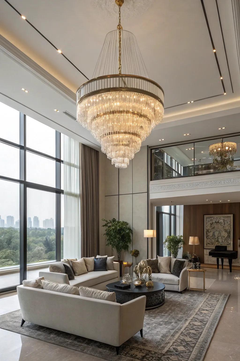 A striking chandelier that enhances the contemporary aesthetic of the room.