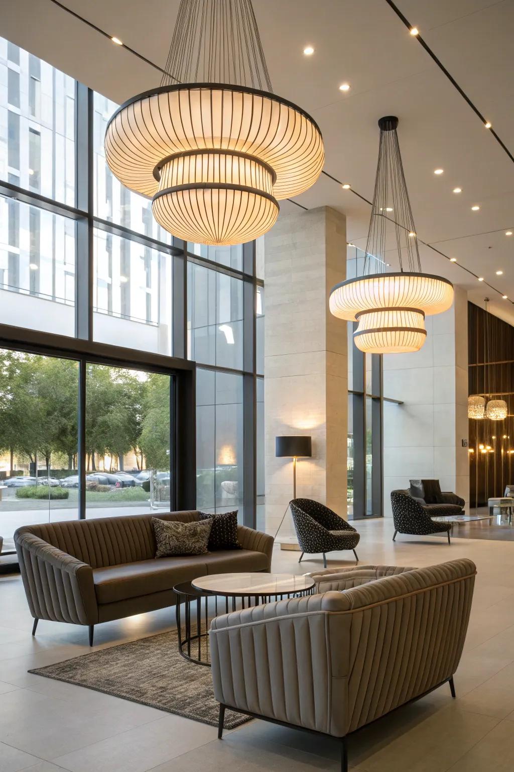 A modern interior featuring creative lighting fixtures.