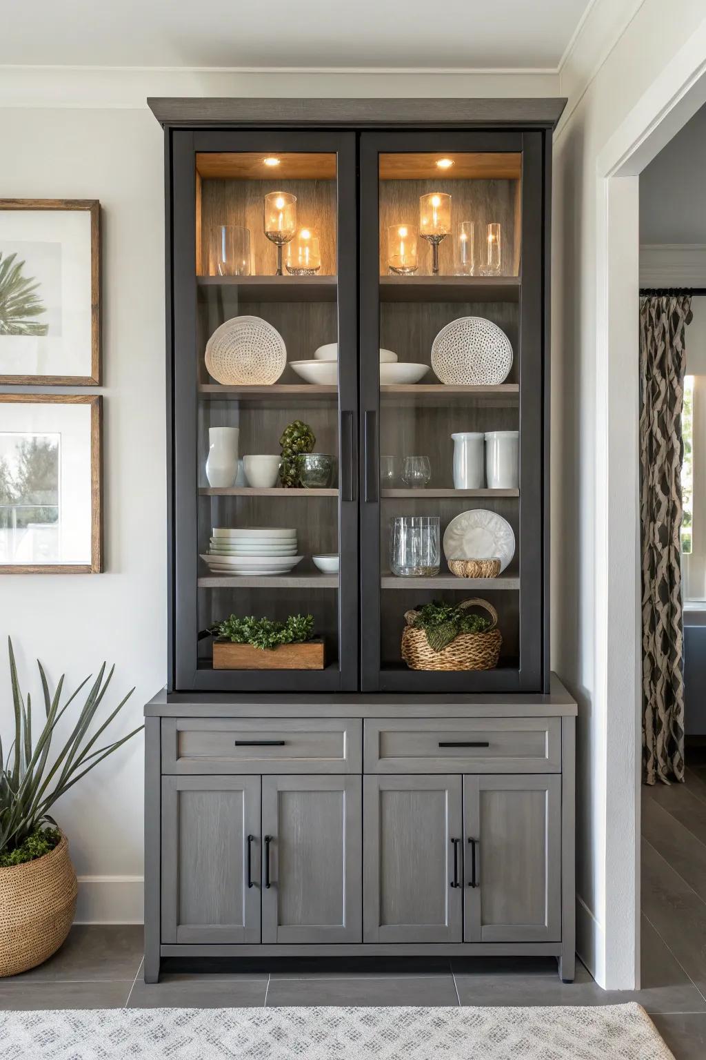 Symmetrical arrangements cultivate balance and concord within the display cabinet.