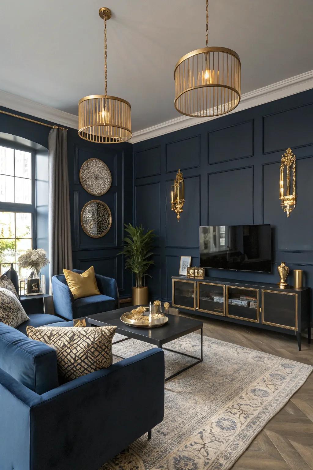 Gleaming metal accents bring warmth and luxury to dark decor.