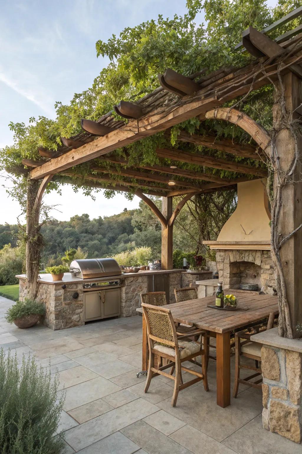 Nature-inspired pergola merging seamlessly with its surroundings.