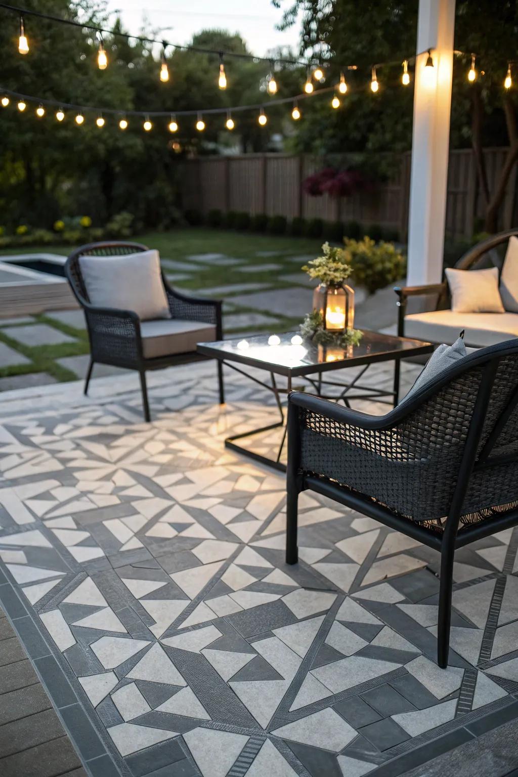 Geometric designs add visual intrigue to patios.
