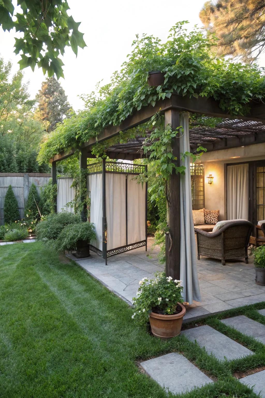 Privacy screens make a secluded arbor getaway.