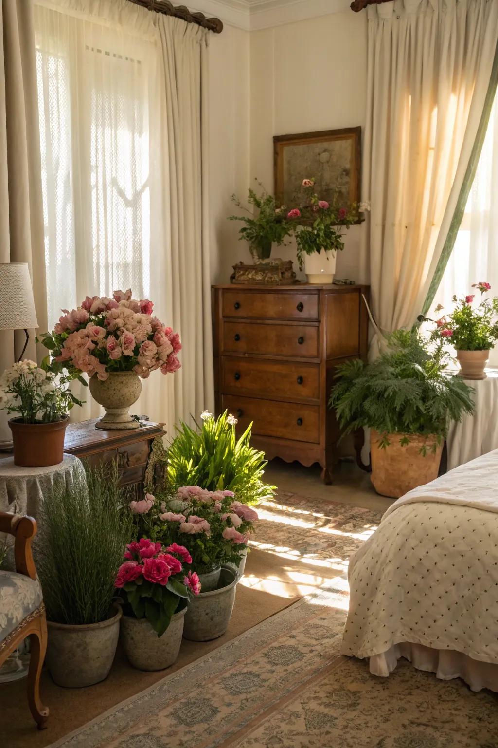 Plant based elements introduce life and freshness to a modern shabby chic bedroom.