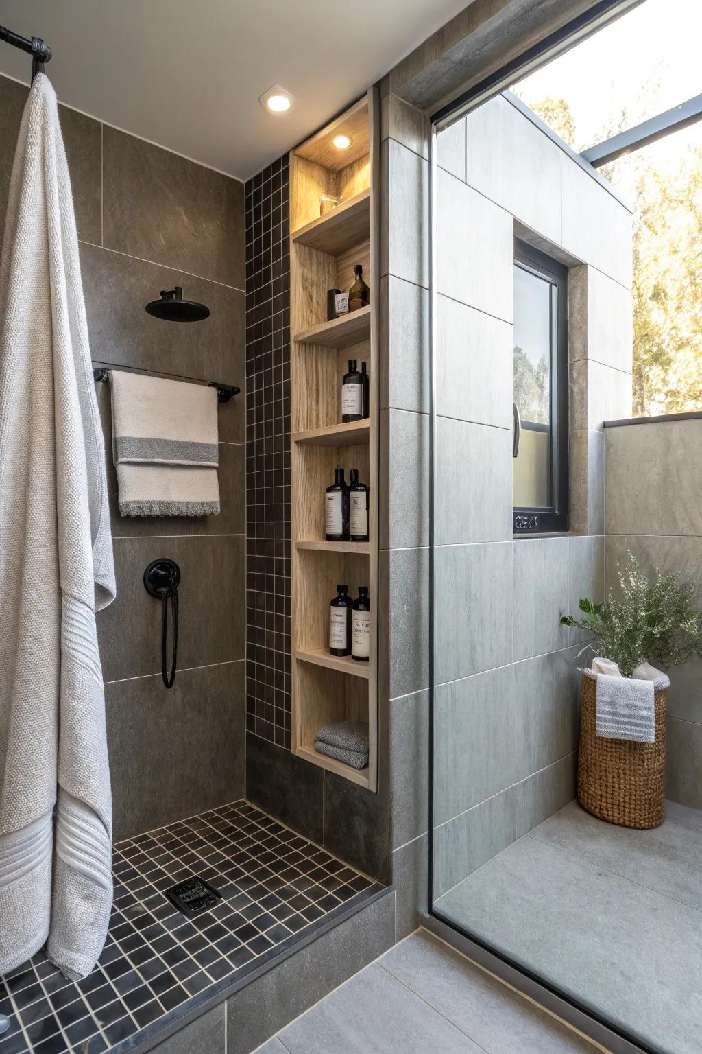 A shower showcasing recessed shelving that unifies storage functionality with visual appeal.