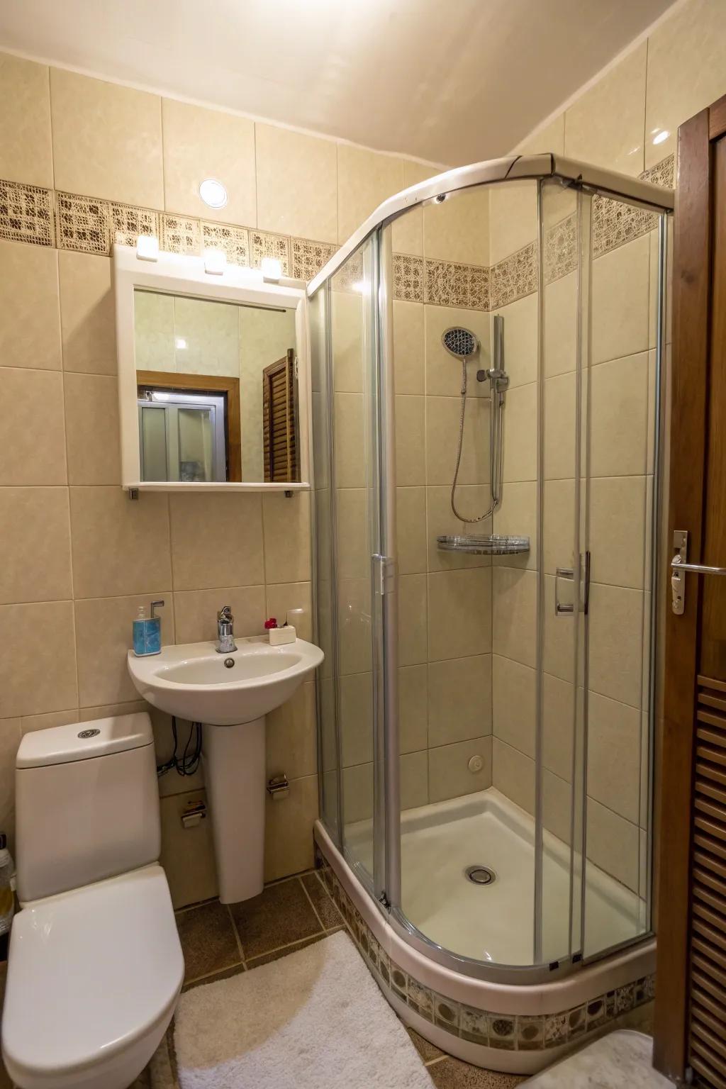 Glass dividers open up this compact bathroom.