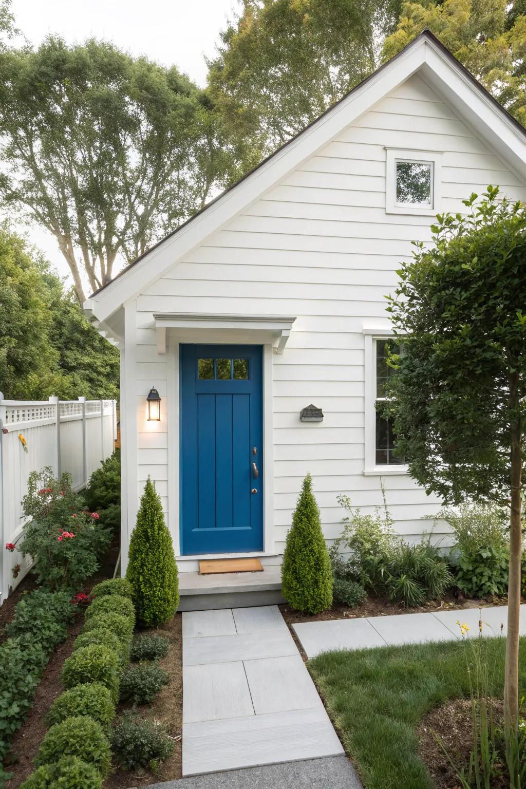 White siding featuring a striking azure entrance for a notable modern element.