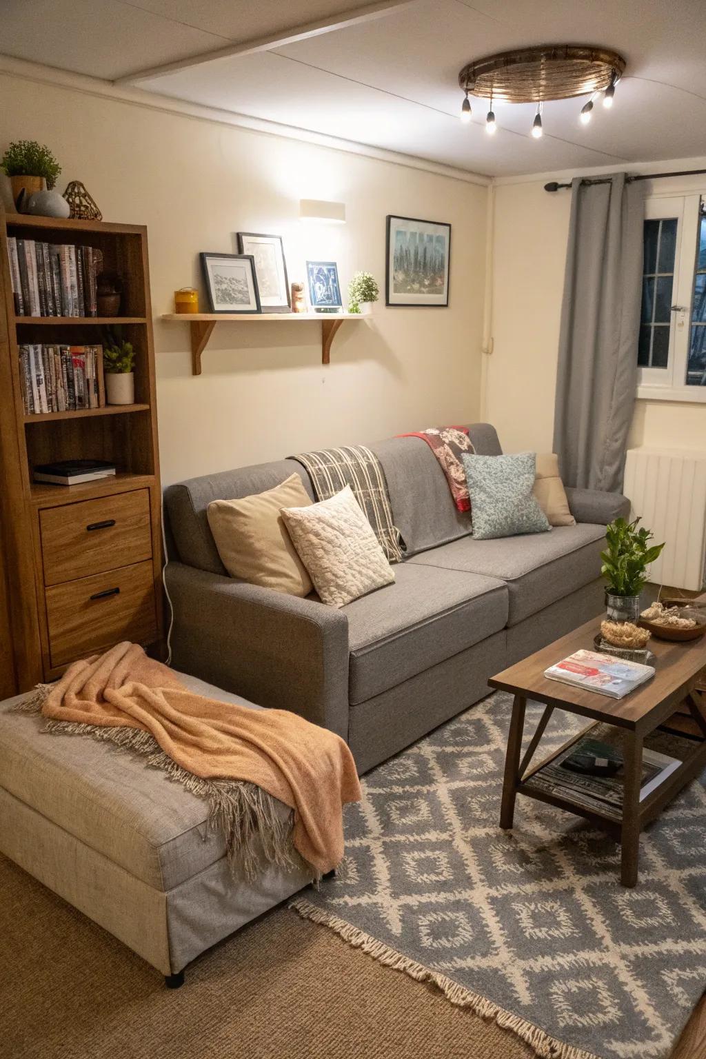 A small living area featuring multi-functional furniture, such as a sofa bed.