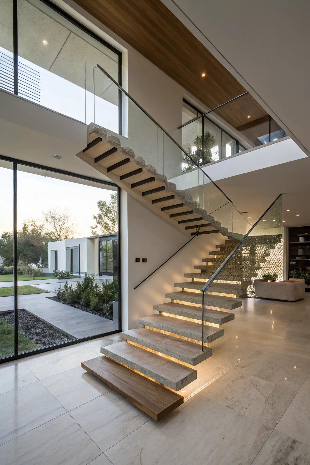 Cantilevered stairs seem to levitate, amplifying contemporary refinement.