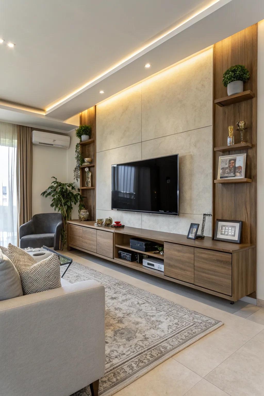 Contemporary furnishings complete the contemporary TV wall aesthetic.