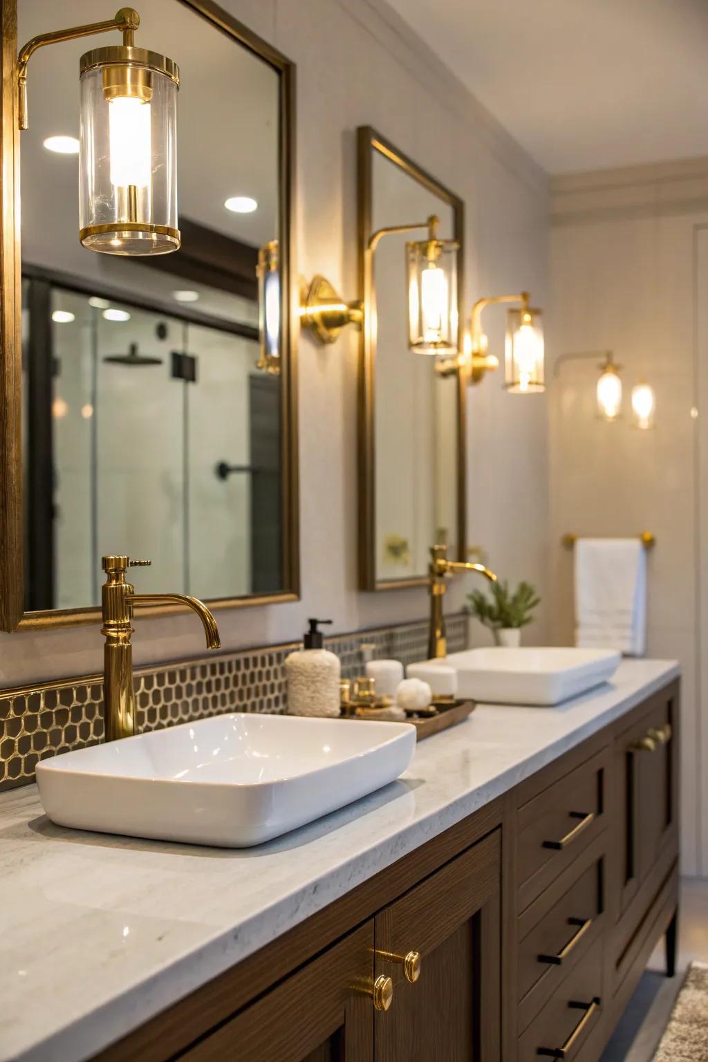 Comforting brass details enhance bathroom sophistication.