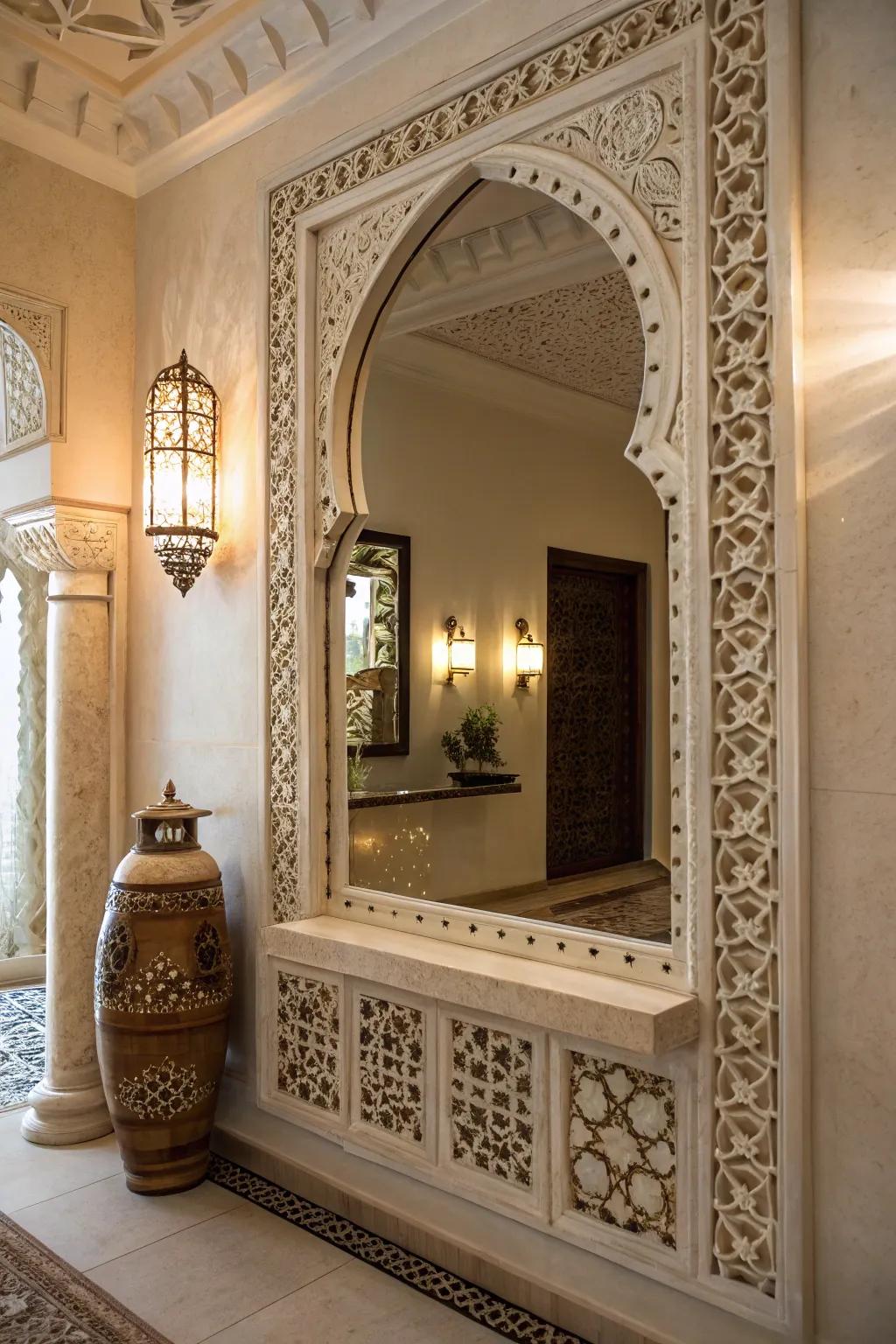 A wall niche with a reflective surface at the rear, enhancing depth and dimension.