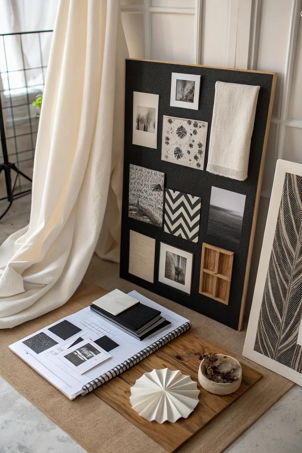 A monochrome mood board exuding timeless beauty.