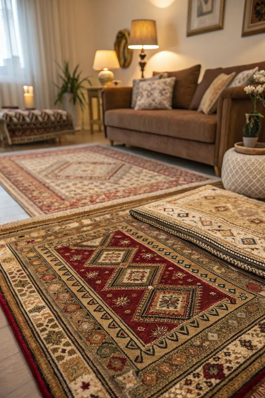 Several rugs adding depth to a calmly lit living room.