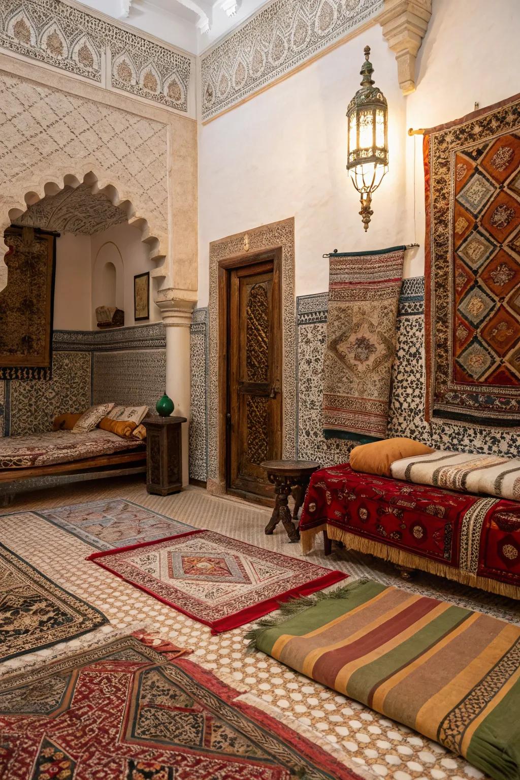 Layered floor coverings increase the comfort and visual appeal of Moroccan floors.