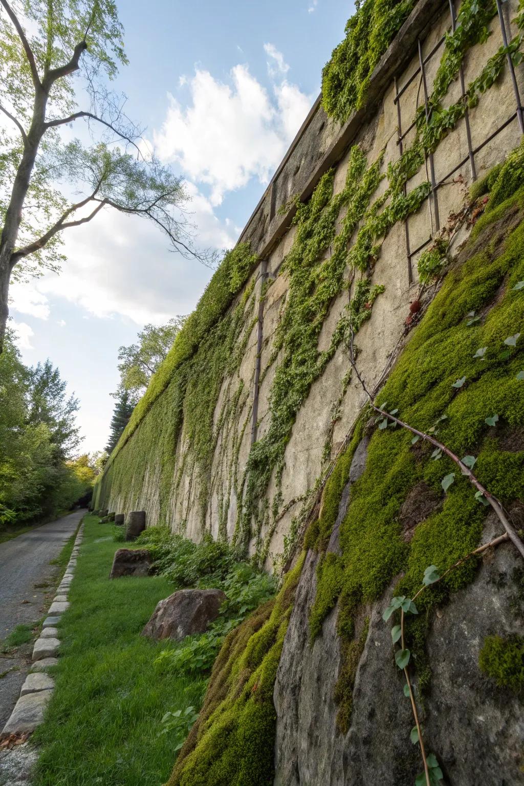A captivating living wall feature with moss stones and foliage.