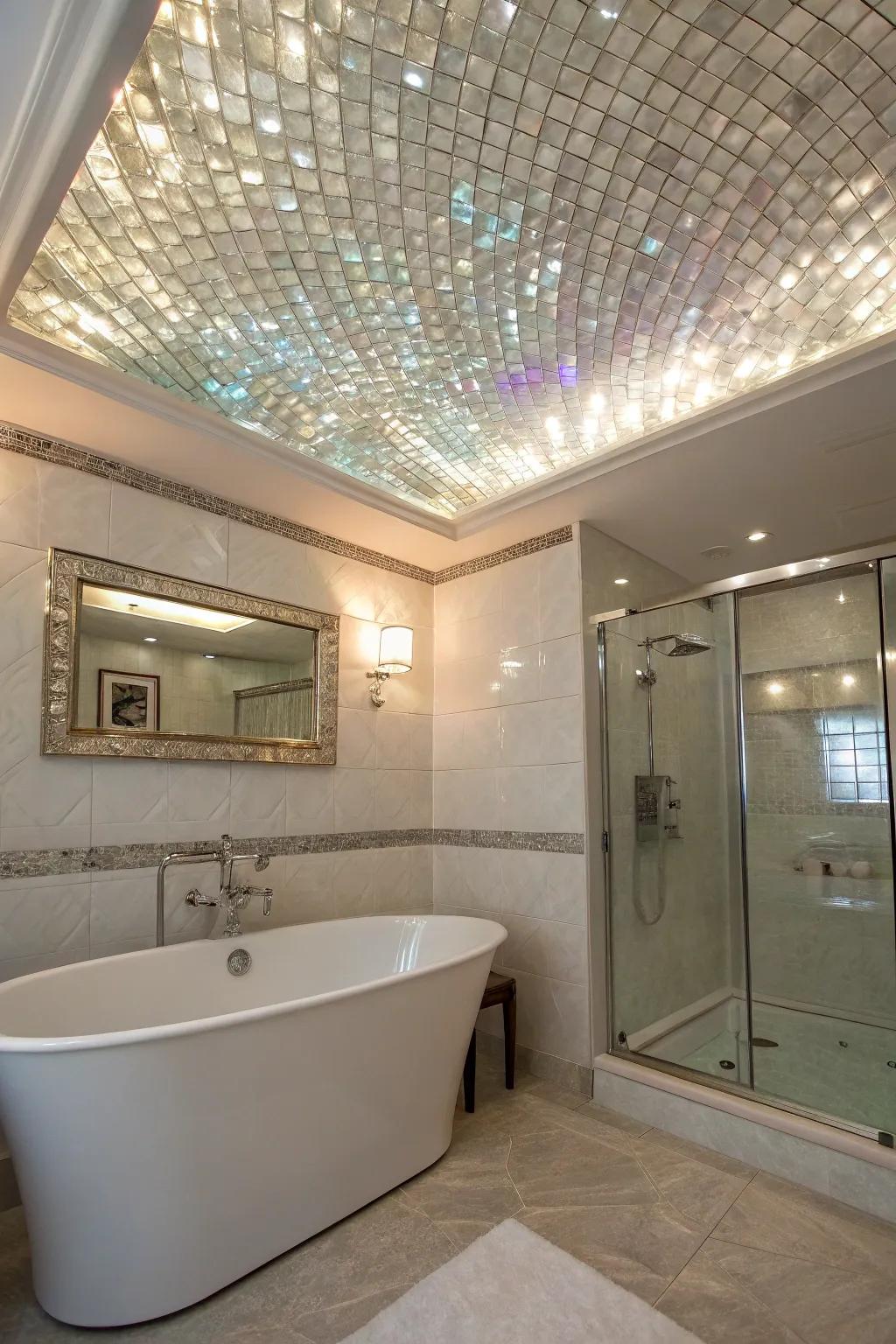 An unexpected ceiling design with nacre tiles creates a stunning effect.