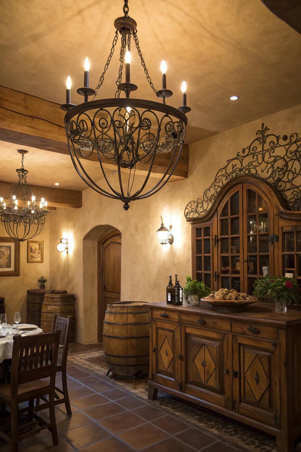 A room illuminated by charming countryside illumination fixtures.