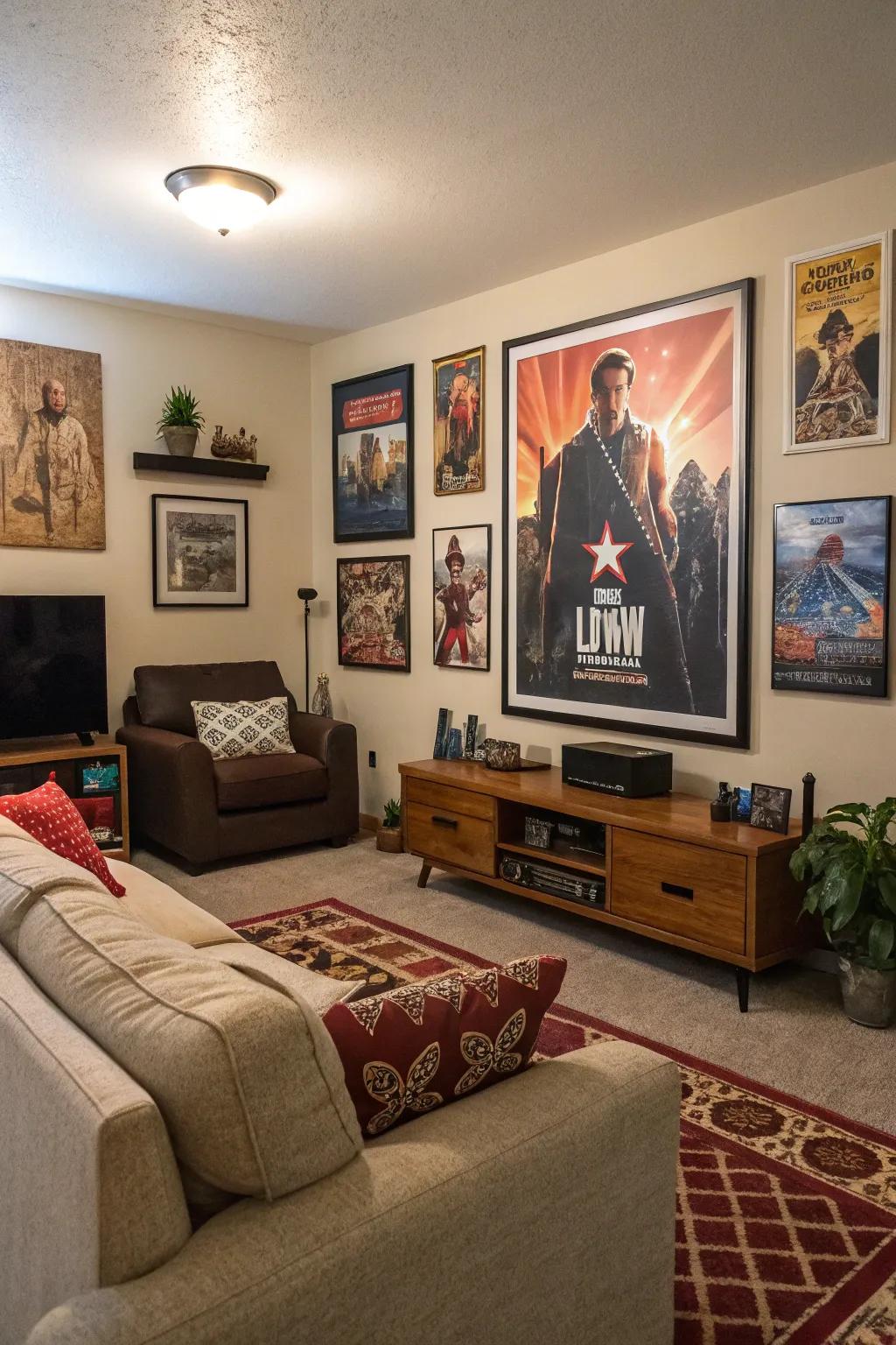 A lounge showcasing artwork with well-known film mentions.