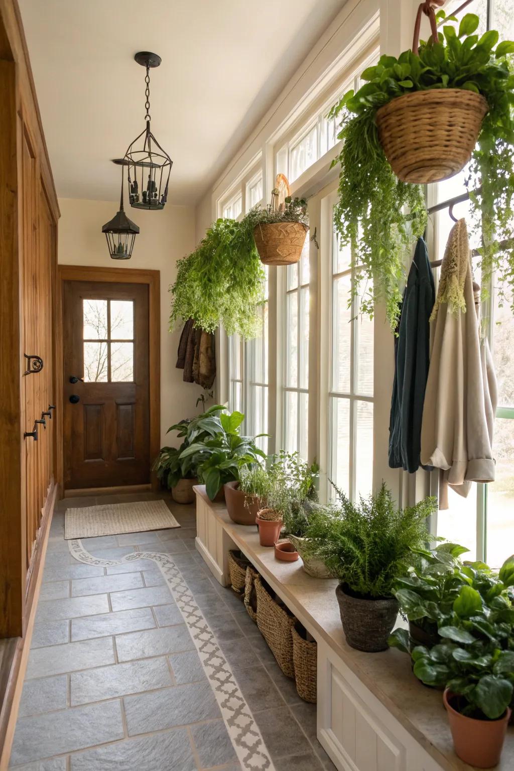 Greenery adds a refreshing touch to any utility entryway space.
