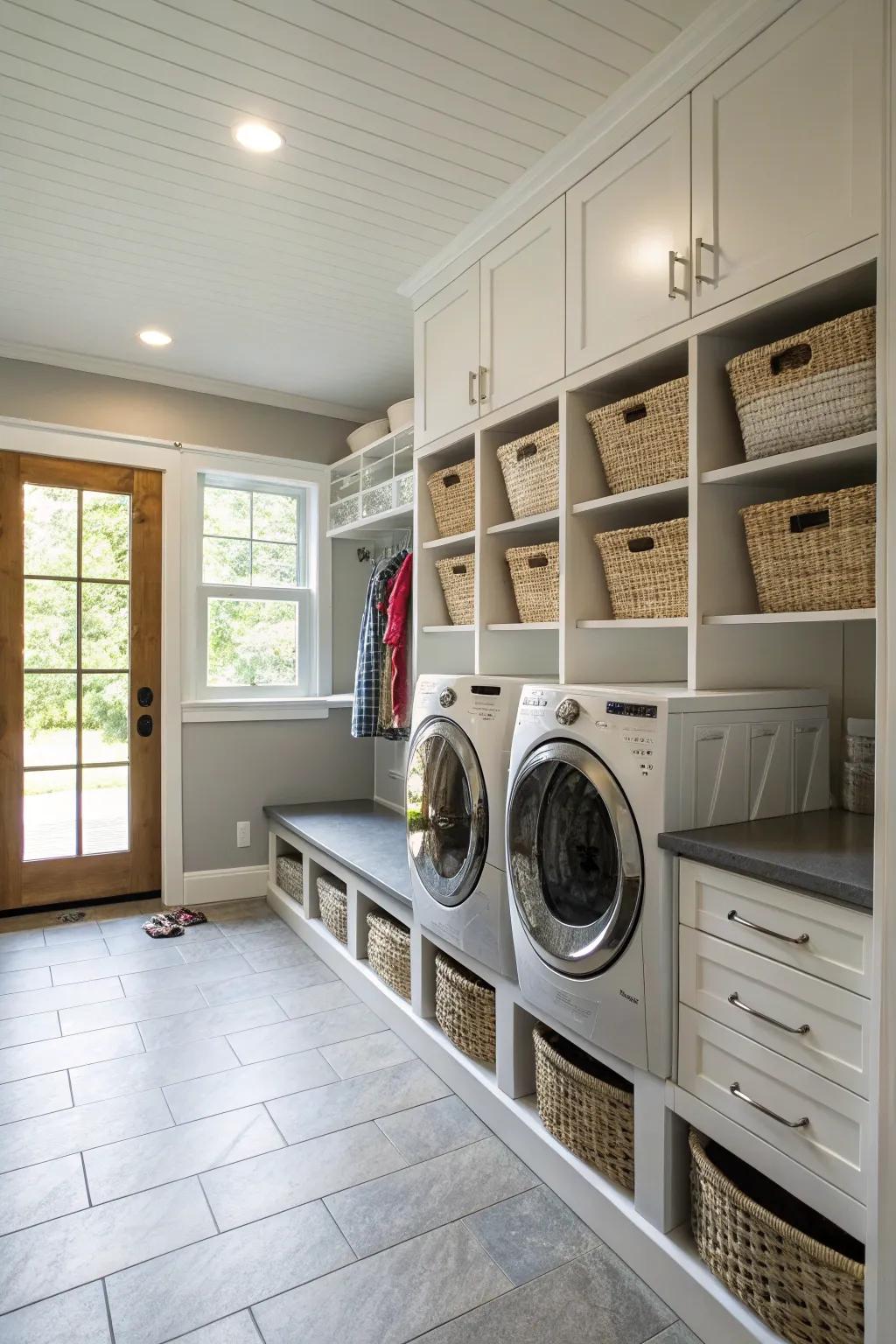 A multi-purpose mudroom combined with a laundry area for added convenience.